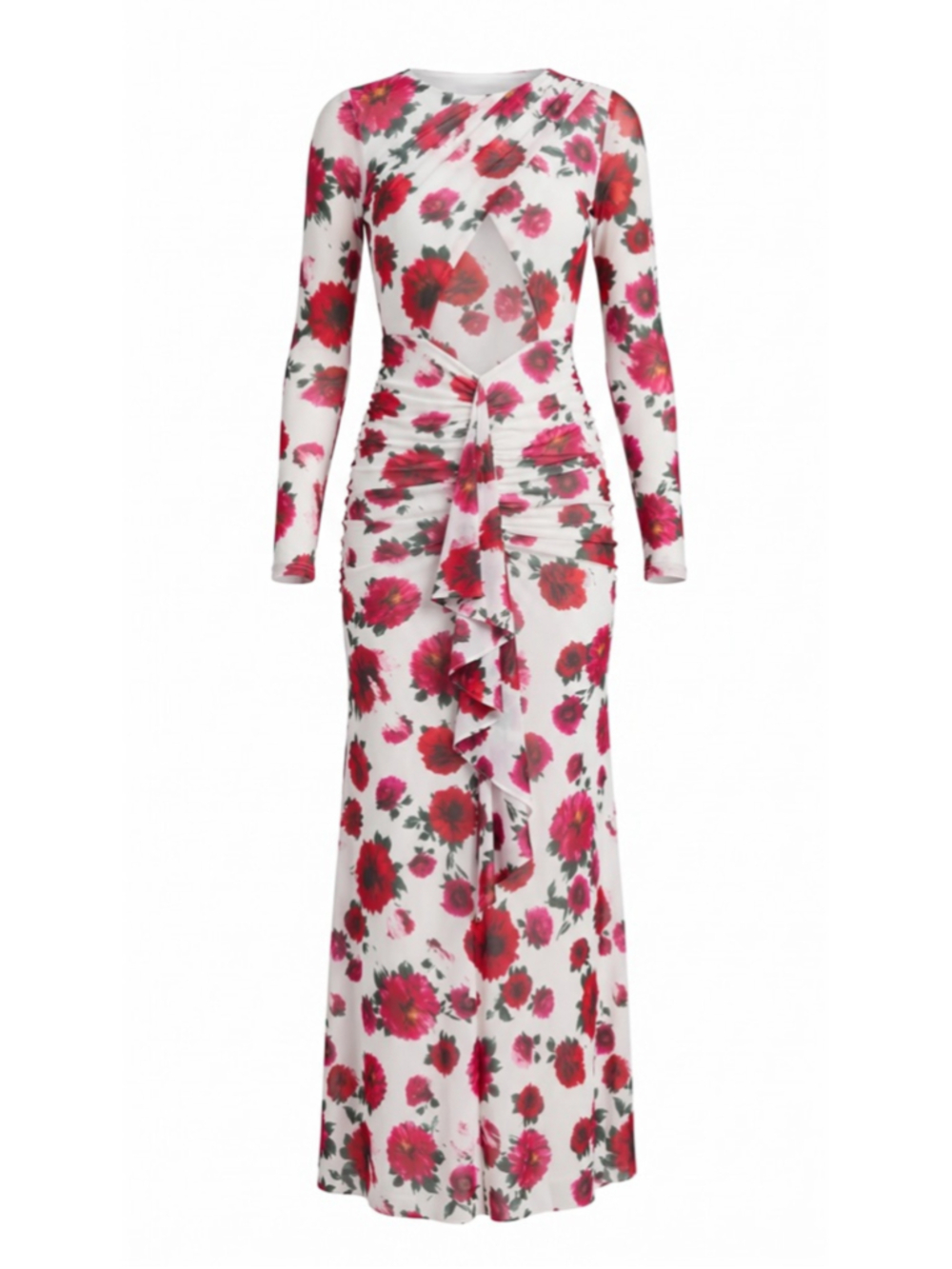 AFRM White Maxi Dress with Pink & Red Floral Print and Ruched Front
